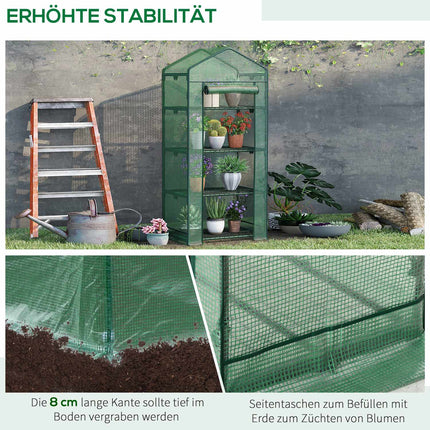 Minigewächshaus mit Folienabdeckung, Rolltür, 4 Ablagen