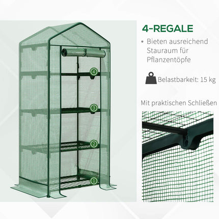 Minigewächshaus mit Folienabdeckung, Rolltür, 4 Ablagen