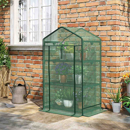 Mini greenhouse with foil cover, 3 shelves, roller door
