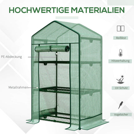 Mini greenhouse with foil cover, 3 shelves, roller door