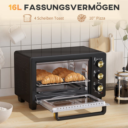 Mini-oven 16 L 1400W Mini-oven 100-230? 60 min. timer, met grillrooster en bakplaat, pizzaoven met bakhandgreep, kruimellade zwart Aosom