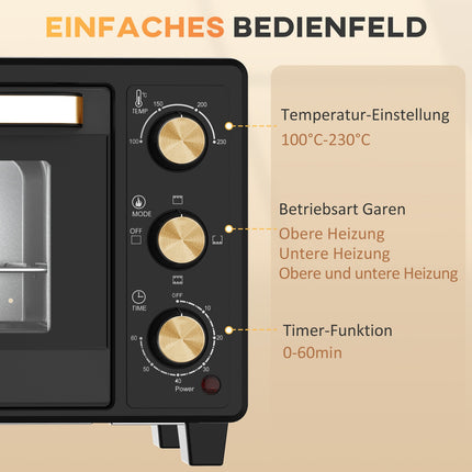Mini-oven 16 L 1400W Mini-oven 100-230? 60 min. timer, met grillrooster en bakplaat, pizzaoven met bakhandgreep, kruimellade zwart Aosom