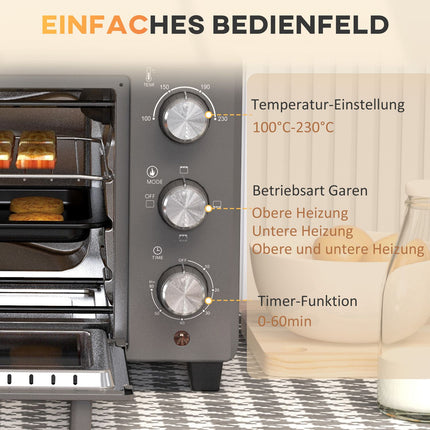 Mini-oven 21L 1400W 60 min. Timer, kleine oven met kooktijd van 100°C-230°C, mini-oven met bakplaat, rooster, tafeloven van roestvrij staal, grijs