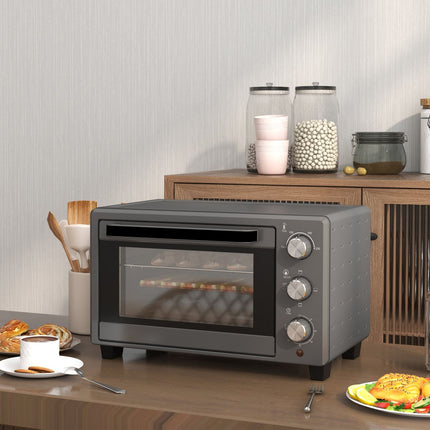 Mini-oven 21L 1400W 60 min. Timer, kleine oven met kooktijd van 100°C-230°C, mini-oven met bakplaat, rooster, tafeloven van roestvrij staal, grijs