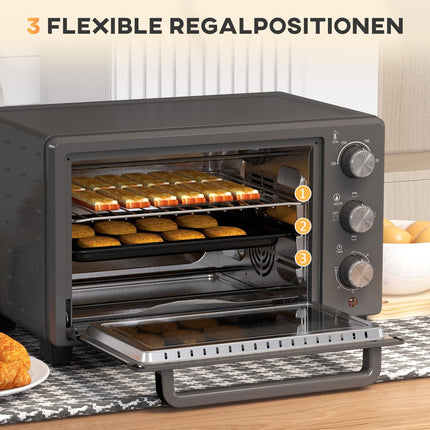 Mini-oven 21L 1400W 60 min. Timer, kleine oven met kooktijd van 100°C-230°C, mini-oven met bakplaat, rooster, tafeloven van roestvrij staal, grijs