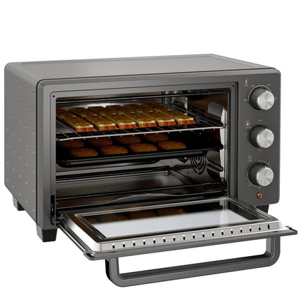 Mini-oven 21L 1400W 60 min. Timer, kleine oven met kooktijd van 100°C-230°C, mini-oven met bakplaat, rooster, tafeloven van roestvrij staal, grijs