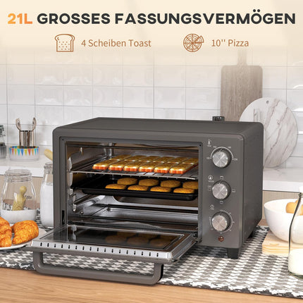Mini-oven 21L 1400W 60 min. Timer, kleine oven met kooktijd van 100°C-230°C, mini-oven met bakplaat, rooster, tafeloven van roestvrij staal, grijs
