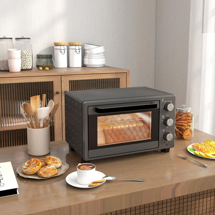 Mini-oven 21L 1400W 60 min. Timer, kleine oven met kooktijd van 100°C-230°C, mini-oven met bakplaat, rooster, tafeloven van roestvrij staal, grijs