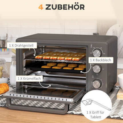 Mini-oven 21L 1400W 60 min. Timer, kleine oven met kooktijd van 100°C-230°C, mini-oven met bakplaat, rooster, tafeloven van roestvrij staal, grijs