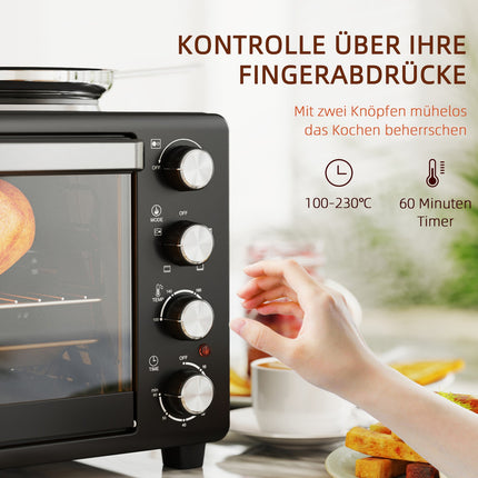 Mini-oven 28 L 2600W Mini-oven 100-230? 60 min. timer, met 2 warmhoudplaten, bakplaat en grillrooster. Pizzaoven met kruimellade, ladehandgreep zwart