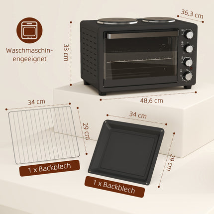 Mini-oven 28 L 2600W Mini-oven 100-230? 60 min. timer, met 2 warmhoudplaten, bakplaat en grillrooster. Pizzaoven met kruimellade, ladehandgreep zwart