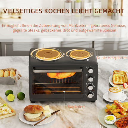 Mini-oven 28 L 2600W Mini-oven 100-230? 60 min. timer, met 2 warmhoudplaten, bakplaat en grillrooster. Pizzaoven met kruimellade, ladehandgreep zwart