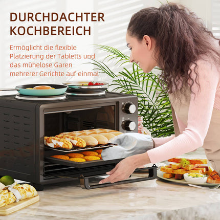 Mini-oven 28 L 2600W Mini-oven 100-230? 60 min. timer, met 2 warmhoudplaten, bakplaat en grillrooster. Pizzaoven met kruimellade, ladehandgreep zwart