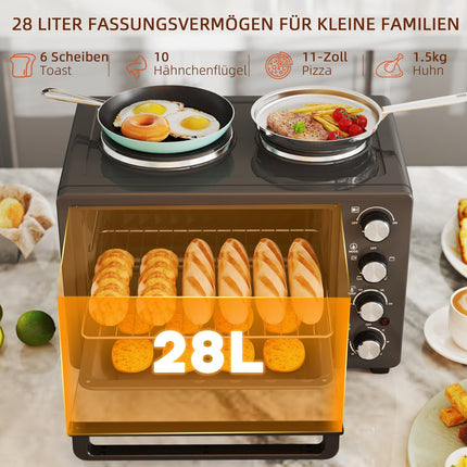 Mini-oven 28 L 2600W Mini-oven 100-230? 60 min. timer, met 2 warmhoudplaten, bakplaat en grillrooster. Pizzaoven met kruimellade, ladehandgreep zwart