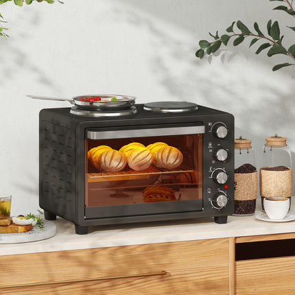 Mini-oven 28 L 2600W Mini-oven 100-230? 60 min. timer, met 2 warmhoudplaten, bakplaat en grillrooster. Pizzaoven met kruimellade, ladehandgreep zwart