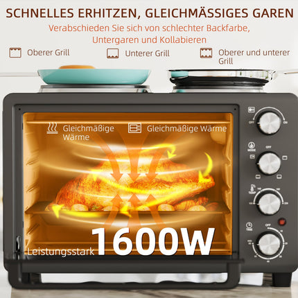Mini-oven 28 L 2600W Mini-oven 100-230? 60 min. timer, met 2 warmhoudplaten, bakplaat en grillrooster. Pizzaoven met kruimellade, ladehandgreep zwart