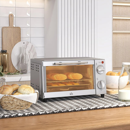 Mini-oven 9L mini-oven met bakplaat, grillrooster, 100 °C-230 °C, met instelbare temperatuur en kooktijd, 60 min. timer, 750W, roestvrij staal, zilver