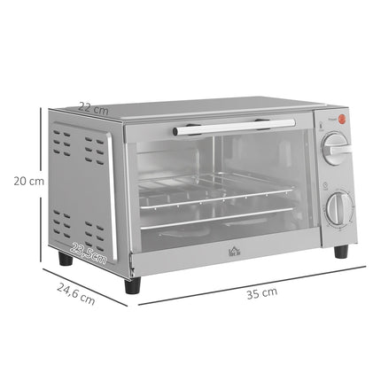 Mini-oven 9L mini-oven met bakplaat, grillrooster, 100 °C-230 °C, met instelbare temperatuur en kooktijd, 60 min. timer, 750W, roestvrij staal, zilver