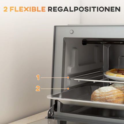 Mini-oven 9L mini-oven met bakplaat, grillrooster, 100 °C-230 °C, met instelbare temperatuur en kooktijd, 60 min. timer, 750W, roestvrij staal, zilver