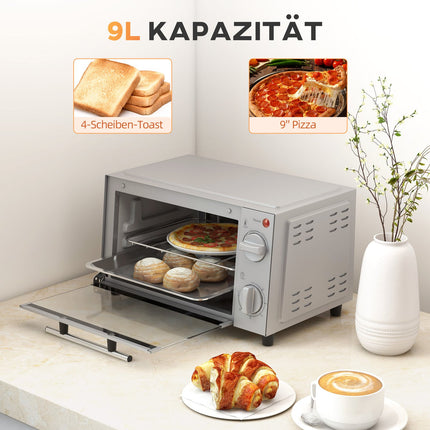 Mini-oven 9L mini-oven met bakplaat, grillrooster, 100 °C-230 °C, met instelbare temperatuur en kooktijd, 60 min. timer, 750W, roestvrij staal, zilver