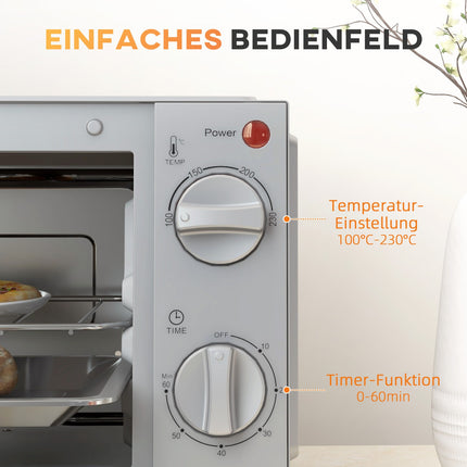 Mini-oven 9L mini-oven met bakplaat, grillrooster, 100 °C-230 °C, met instelbare temperatuur en kooktijd, 60 min. timer, 750W, roestvrij staal, zilver