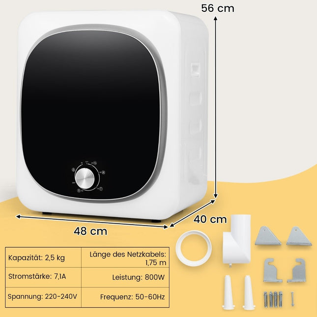 Mini sušička 2.5KG s 5 programy až 69℃ odvětrávaná sušička 800W