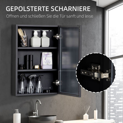 Black bathroom wall cabinet, mirror & storage, 3 levels