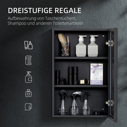 Black bathroom wall cabinet, mirror & storage, 3 levels