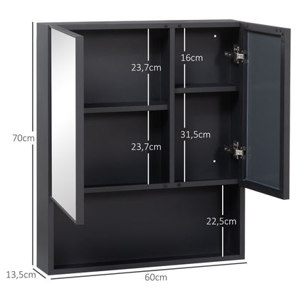 Schwarzer Badezimmerspiegelschrank, 5-stöckig, Doppeltür, 60x13,5x70cm