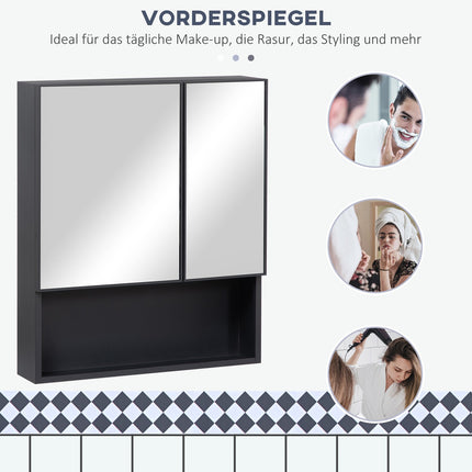 Schwarzer Badezimmerspiegelschrank, 5-stöckig, Doppeltür, 60x13,5x70cm