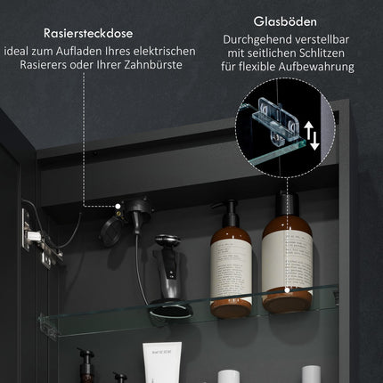 Schwarzer LED-Spiegelschrank - Antibeschlag, 3 Lichtfarben, 50x70 cm
