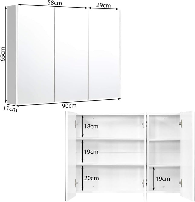 Spiegelschrank mit verstellbaren Einlegeböden Badezimmerspiegelschrank 90 x 11 x 65 cm weiß