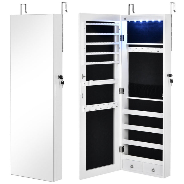 Schmuckschrank mit Spiegel, abschließbar, Wand-/Türmontage, 36 x 10 x 108 cm, Weiß