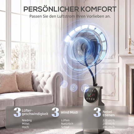Stojanový ventilátor s mlžením a dálkovým ovládáním, 3 rychlosti, nádržka 3.1L
