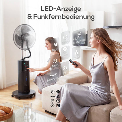 Misting Stand Fan with Remote, 2.3L Tank, 3 Speeds