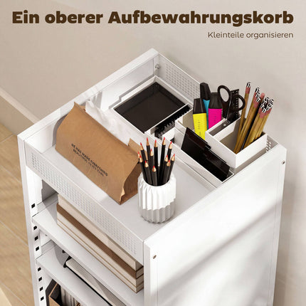 Mobiles Bücherregal mit verstellbaren Einlegeböden, Rollwagen mit 3 Ablagen, Weiß