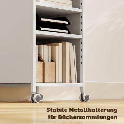 Mobiles Bücherregal mit verstellbaren Einlegeböden, Rollwagen mit 3 Ablagen, Weiß