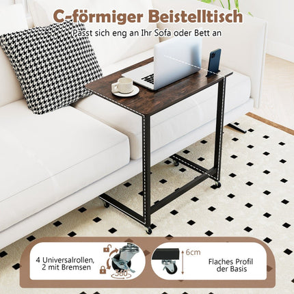 Mobile C-Shaped Side Table with Wheels and Phone Holder
