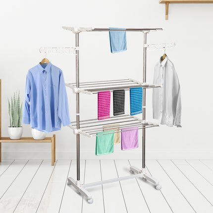 Zusammenklappbarer mobiler Wäscheständer, 3 Ebenen, 80-142 cm verstellbar