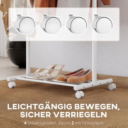 Mobiler Kleiderständer mit Stange, 5 Haken, Schuhablage, Weiß