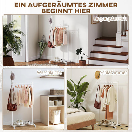 Mobiler Kleiderständer mit Stange, 5 Haken, Schuhablage, Weiß