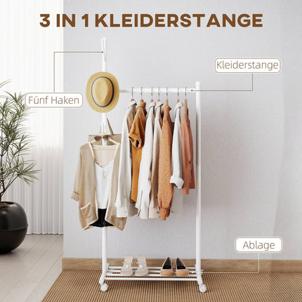 Mobiler Kleiderständer mit Stange, 5 Haken, Schuhablage, Weiß