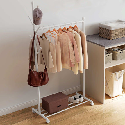 Mobile Clothes Rack with Wheels, Hooks, and Shoe Shelf, White