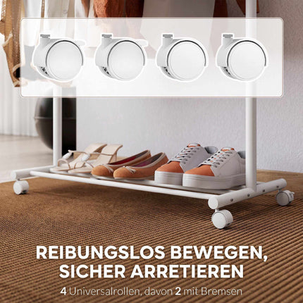 Mobile Clothes Rack with Wheels, Hooks, and Shoe Shelf, White