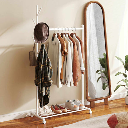 Mobile Clothes Rack with Wheels, Hooks, and Shoe Shelf, White