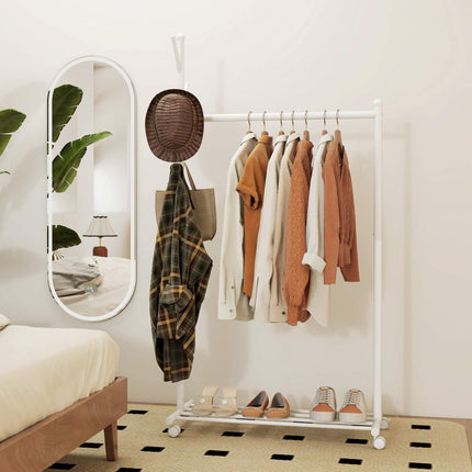 Mobile Clothes Rack with Wheels, Hooks, and Shoe Shelf, White