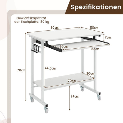 Mobile Computer Desk with Keyboard Tray, White, 80x50x78 cm