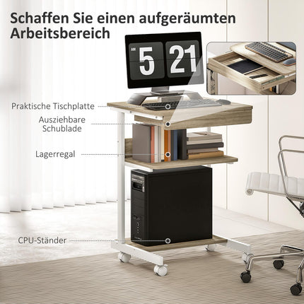 Mobile Desk with Drawer and Shelves, 4 Wheels, Chipboard, Metal