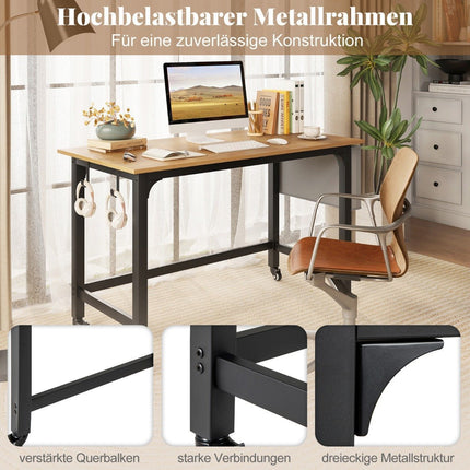 Mobile Desk with Wheels, Storage Bag, Headphone Hook, 120x60x75 cm