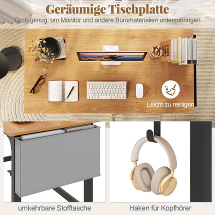 Mobile Desk with Wheels, Storage Bag, Headphone Hook, 120x60x75 cm